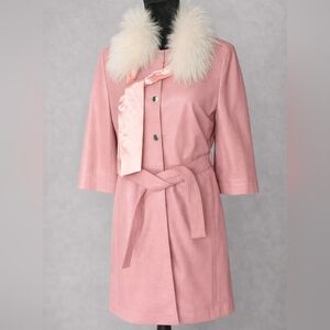 “Ottimo Genuine Leather Pink Trench Coat w/ Faux Fur Collar Belted Size M”